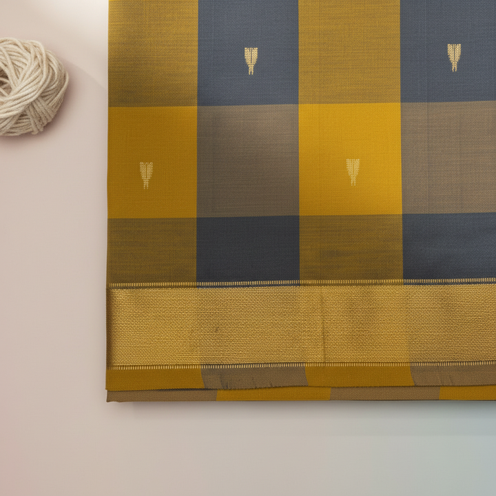 Kuberan Mustard Yellow Checked Cotton Saree