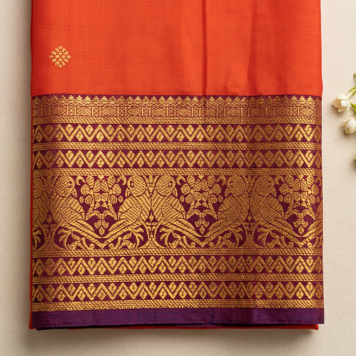 Kuberan Orange Pure Silk Dupatta with Gold Zari Border