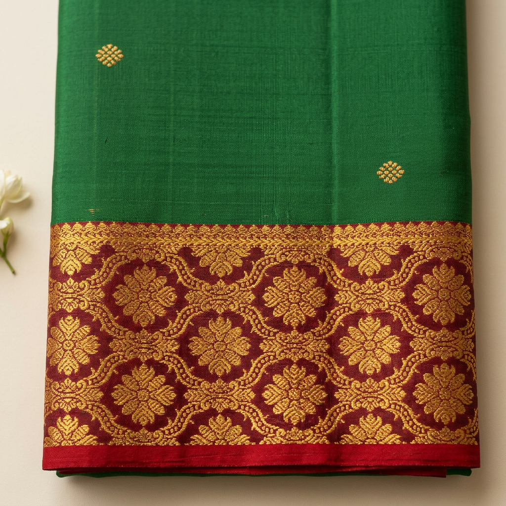 Kuberan Green Pure Silk Dupatta with Red and Gold Zari Border