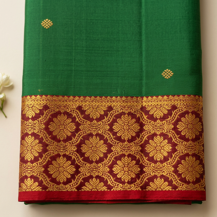 Kuberan Green Pure Silk Dupatta with Red and Gold Zari Border