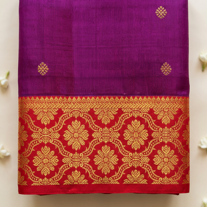 Kuberan Purple Pure Silk Dupatta with Red Gold Zari Border