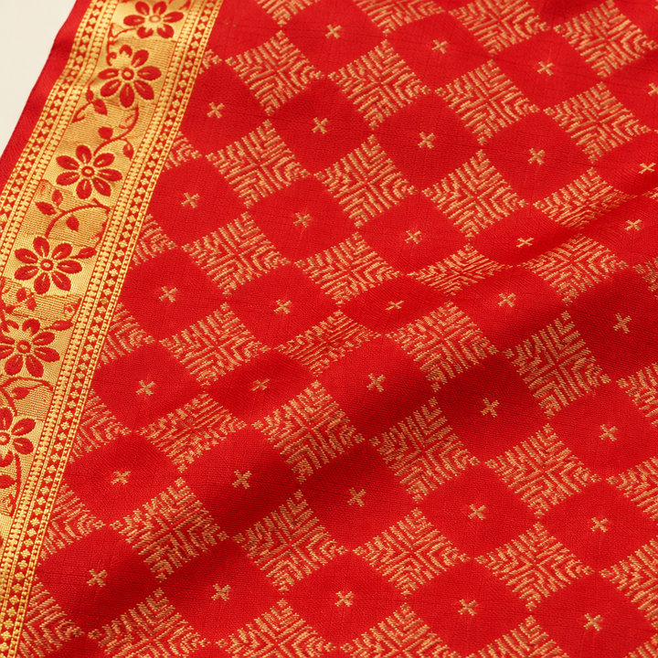 Kuberan Red Orange Pure Silk Dress Material with Gold Border