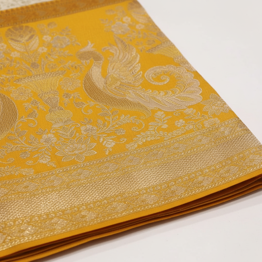 Kuberan Pure Silk Cream Pavada with Yellow Golden Border