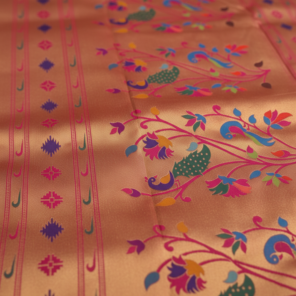 KUBERAN Rose-Pink Paithani silk Saree with Golden Buti and Peacock Pallu