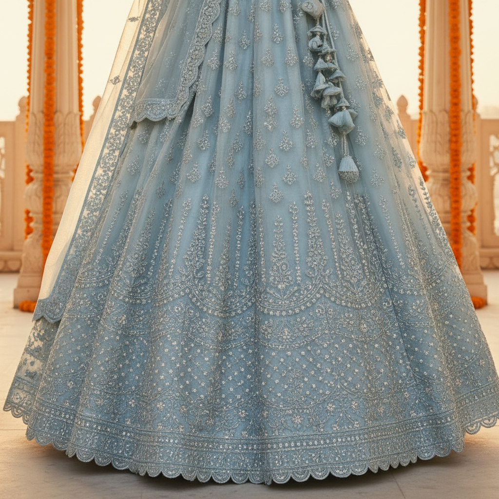 Kuberan Powder Blue Embroidered Net Lehenga Semi Stitched