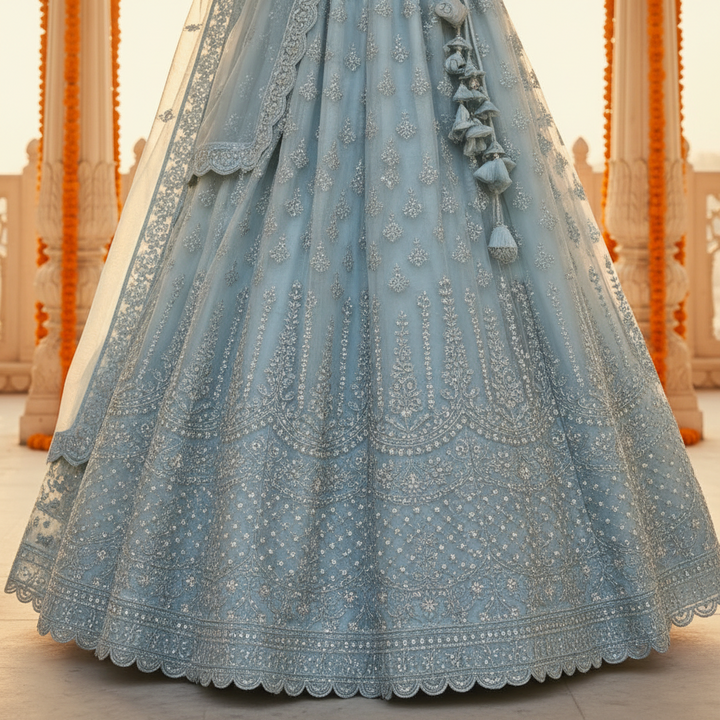 Kuberan Powder Blue Embroidered Net Lehenga Semi Stitched