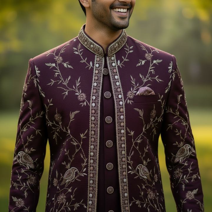 Kuberan Deep Wine Embroidered Indo Western Sherwani