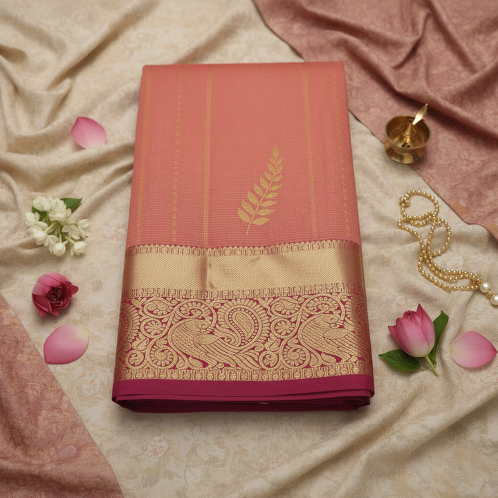 kuberan Coral Pink Kanchipuram Silk Saree with Golden Leaf Motif