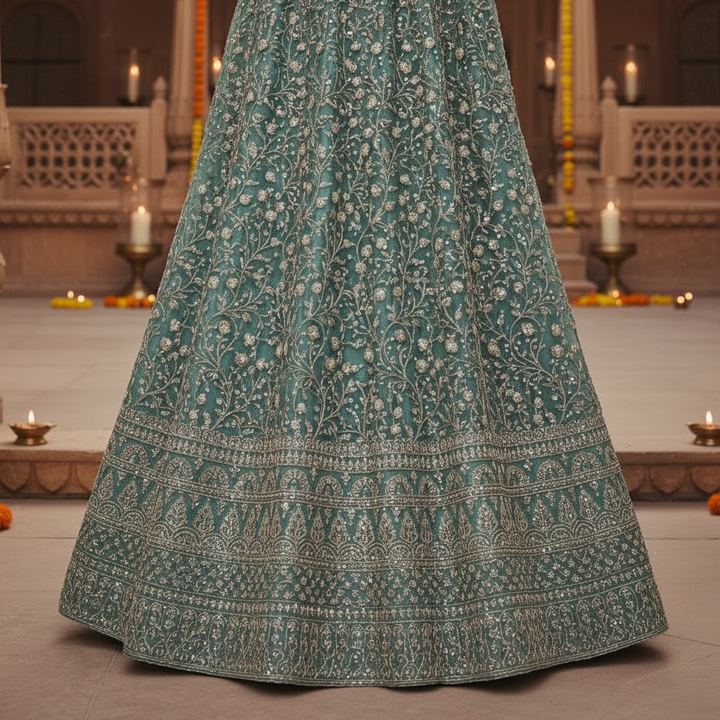 Kuberan Teal Blue Semi Bridal Semi Stitched Lehenga .