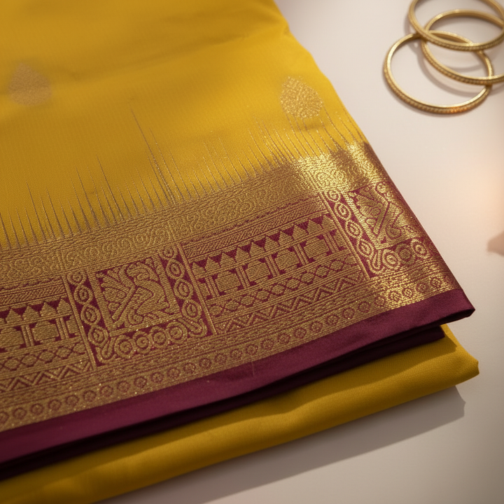 KUBERAN YELLOW 9 YARDS PURE SILK SAREE