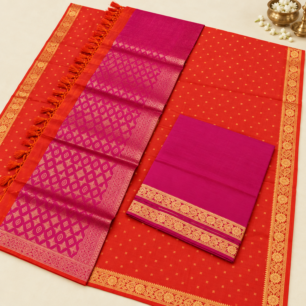 Kuberan Dual Orange Red Colour  with Magenta Pure Silk Dress Material with Gold Border