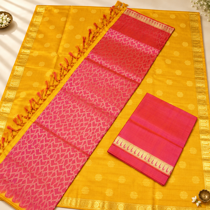 Kuberan Golden Yellow and Pink Pure Silk Dress Material with Geometric Motifs