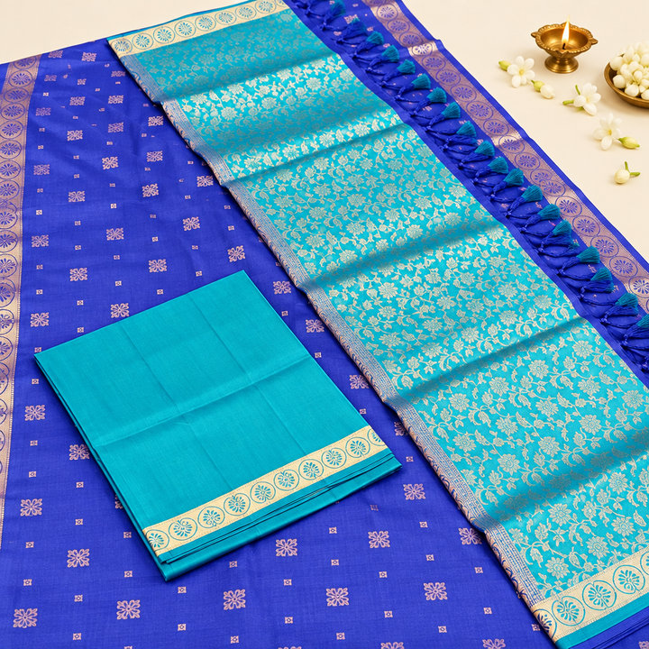 Kuberan Royal Blue and Turquoise Pure Silk Dress Material -