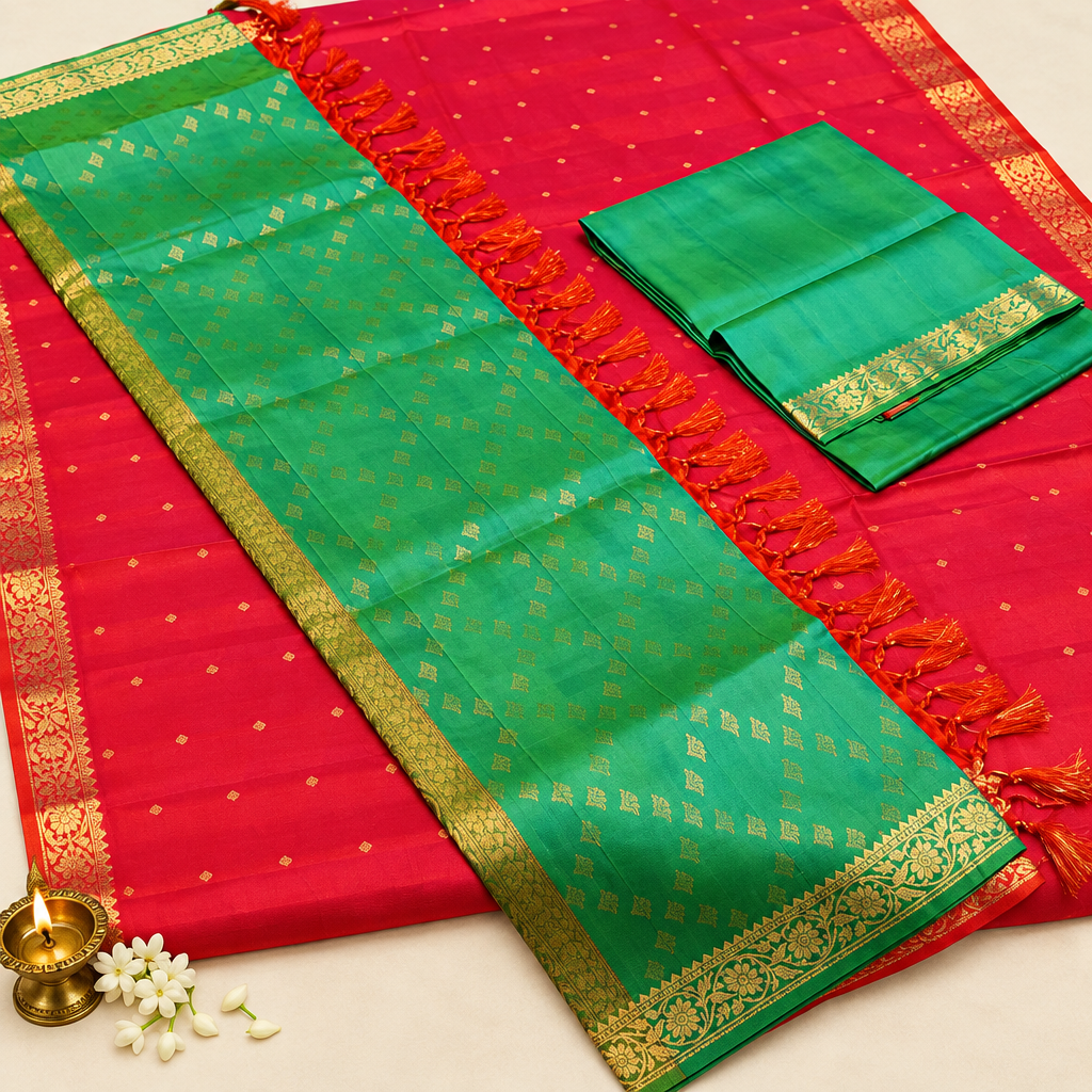 Kuberna  Red Dual Colour Green Pure Silk Dress Material -