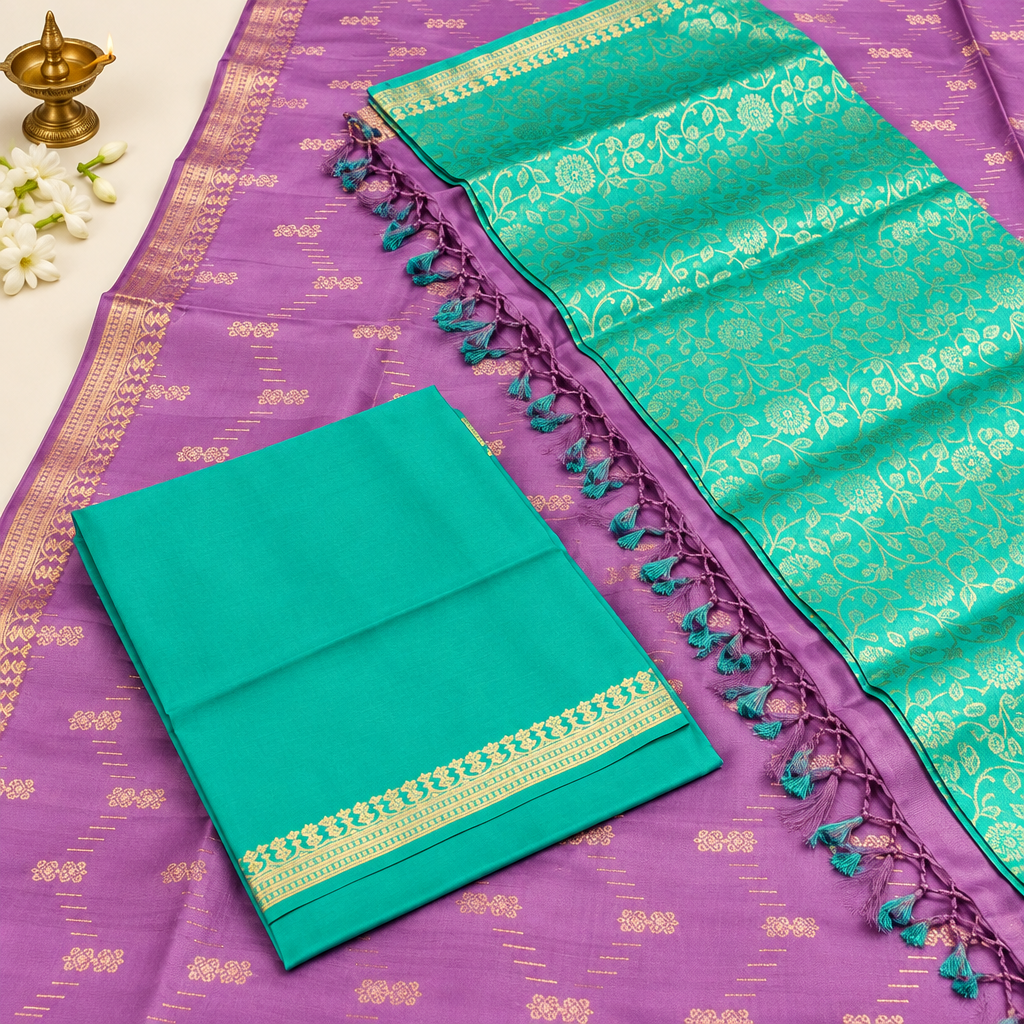 Kuberan Lavender Turquoise Pure Silk Dress Material