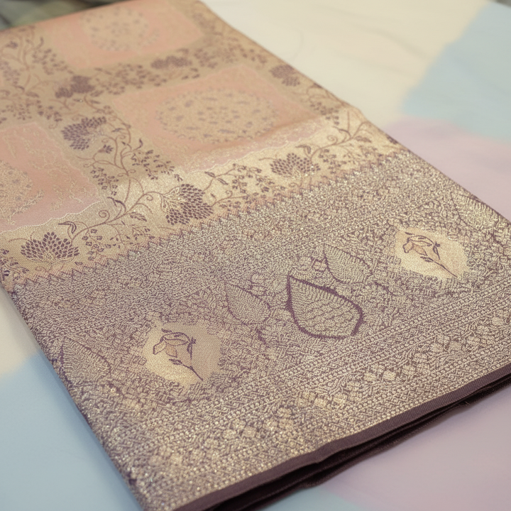 KUBERAN PEACH PINK PURPLE PURE KANCHIPURAM SILK SAREE