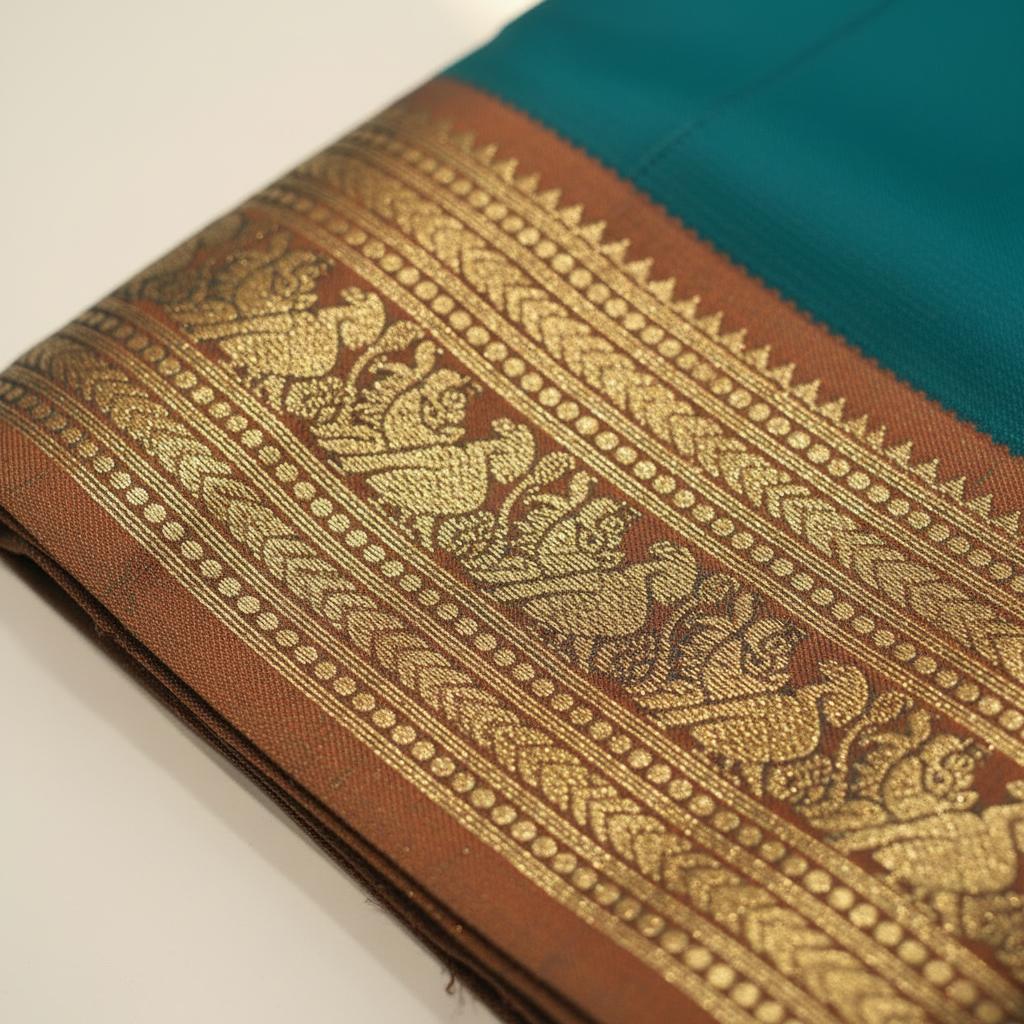 KUBERAN TEAL GREEN WITH RUST PURE SILK SAREE