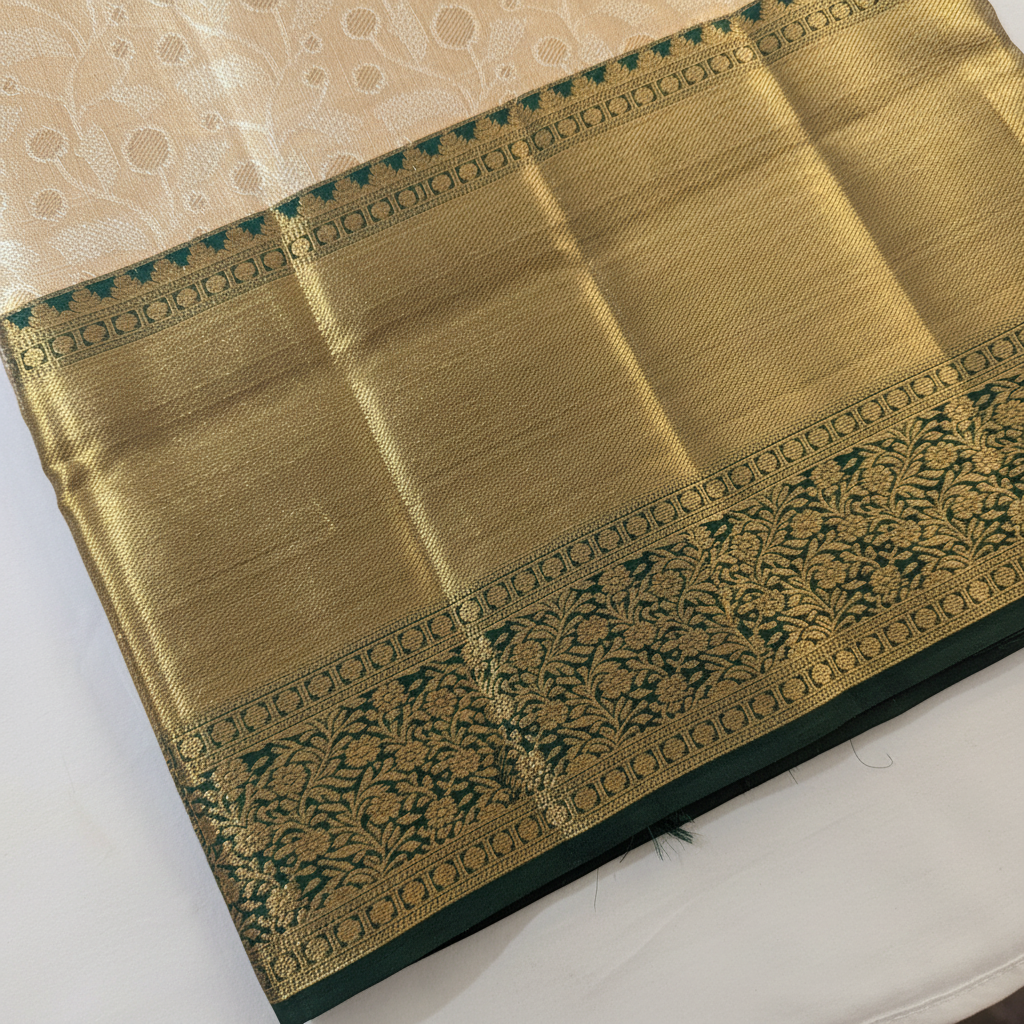 KUBERAN CREAM GREEN PURE KANCHIPURAM SILK SAREE