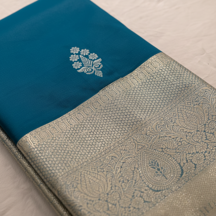 KUBERAN PEACOCK BLUE SILVER SEMI SILK SAREE