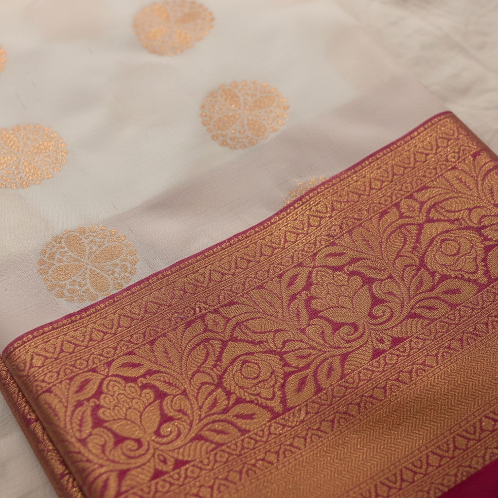 KUBERAN WHITE PINK SEMI SILK SAREE