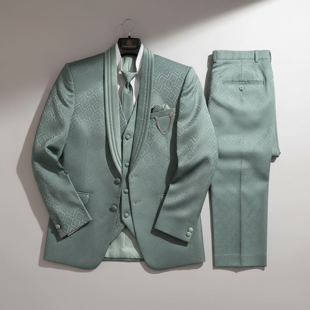 Kuberan Premium Sage Green 3-Piece Suit with Geometric Weave