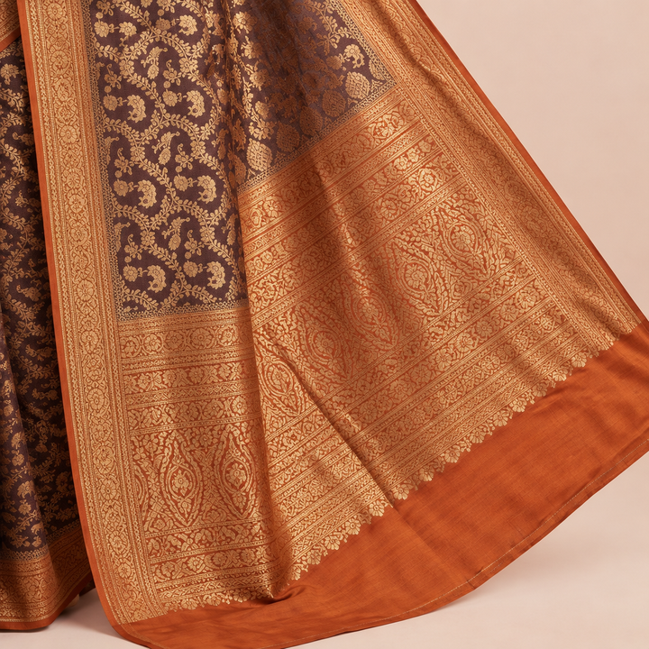 KUBERAN BROWN WITH RUST ORANGE PURE KHADDI GEORGETTE  SAREE