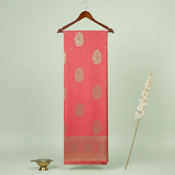 KUBERAN PEACH GEORGETTE SEMI BANARASI SILK SAREE