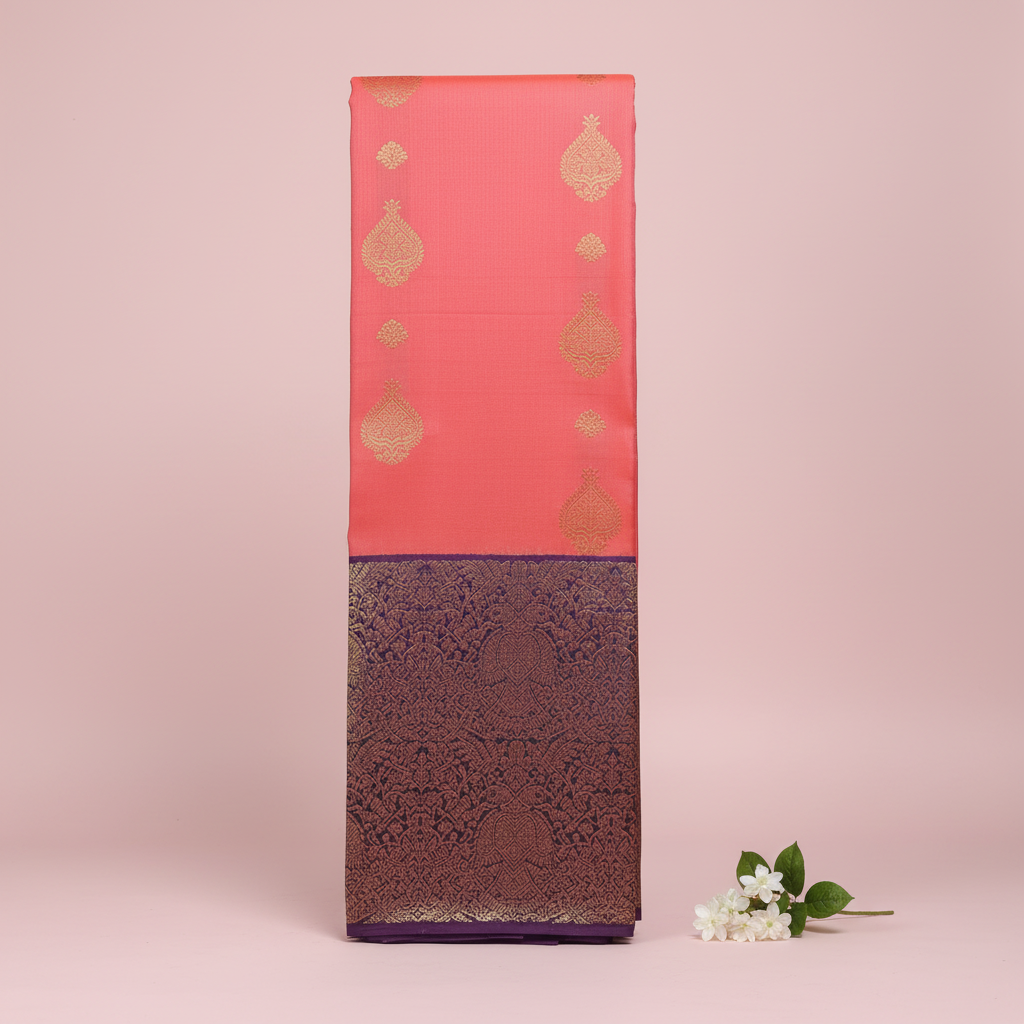 KUBERAN PINK AND NAVY BLUE PURE KANCHIPURAM SILK SAREE