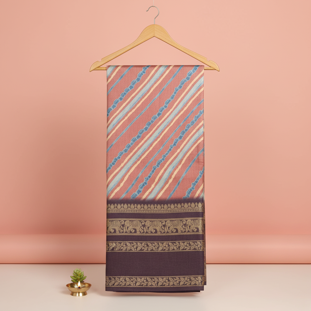 Coral Pink Silk Saree with Diagonal Stripes