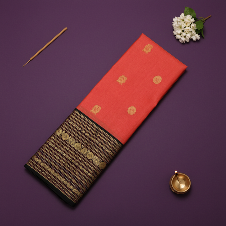 kuberan Coral Red Kanchipuram Silk Saree with Black Multi-Stripe Zari Border
