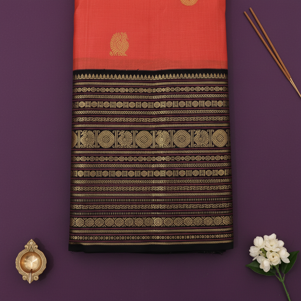 kuberan Coral Red Kanchipuram Silk Saree with Black Multi-Stripe Zari Border