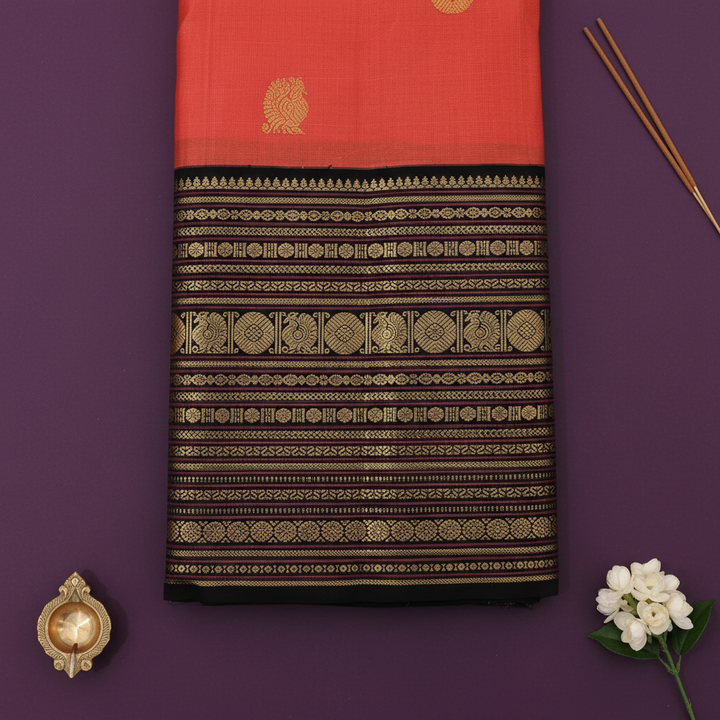 kuberan Coral Red Kanchipuram Silk Saree with Black Multi-Stripe Zari Border