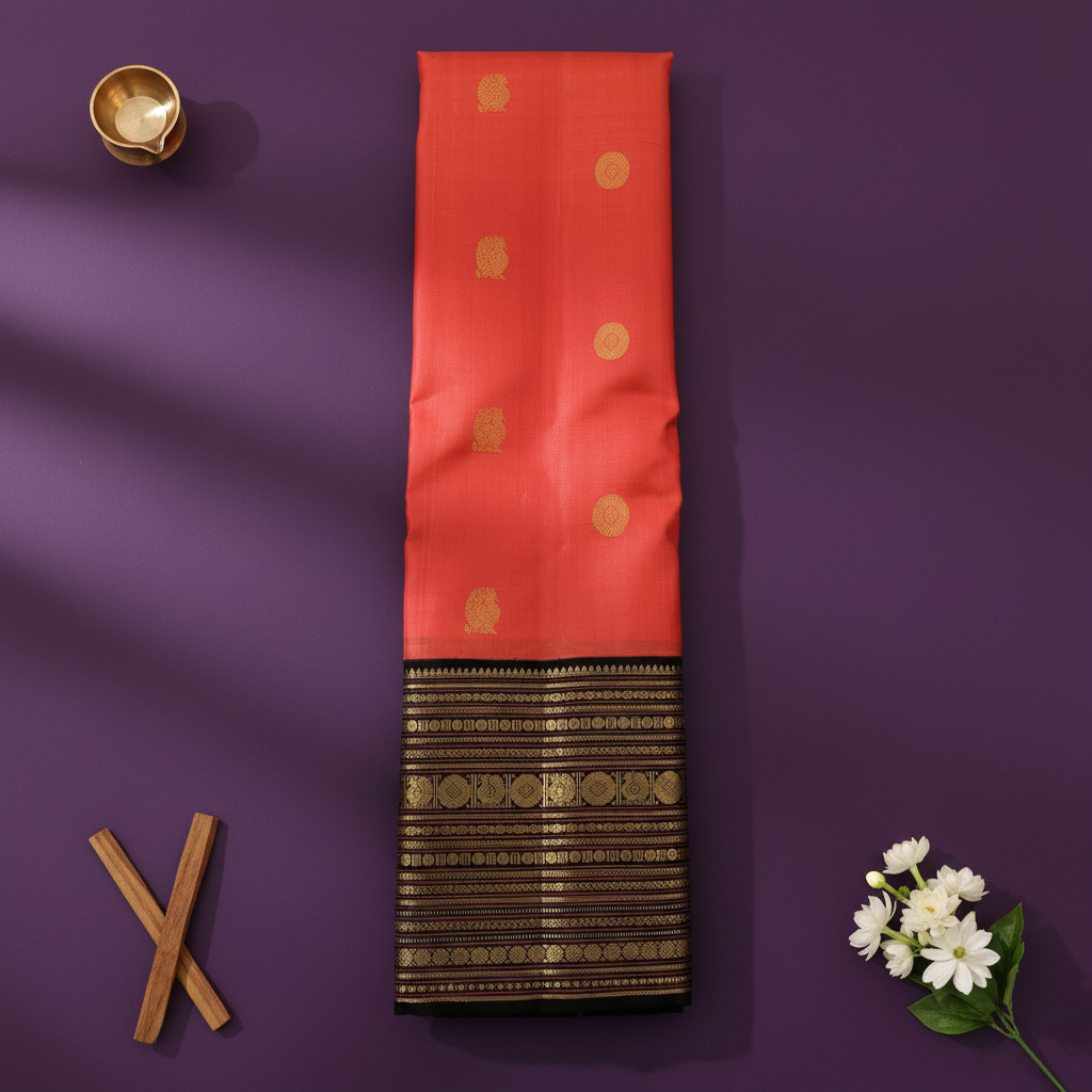kuberan Coral Red Kanchipuram Silk Saree with Black Multi-Stripe Zari Border