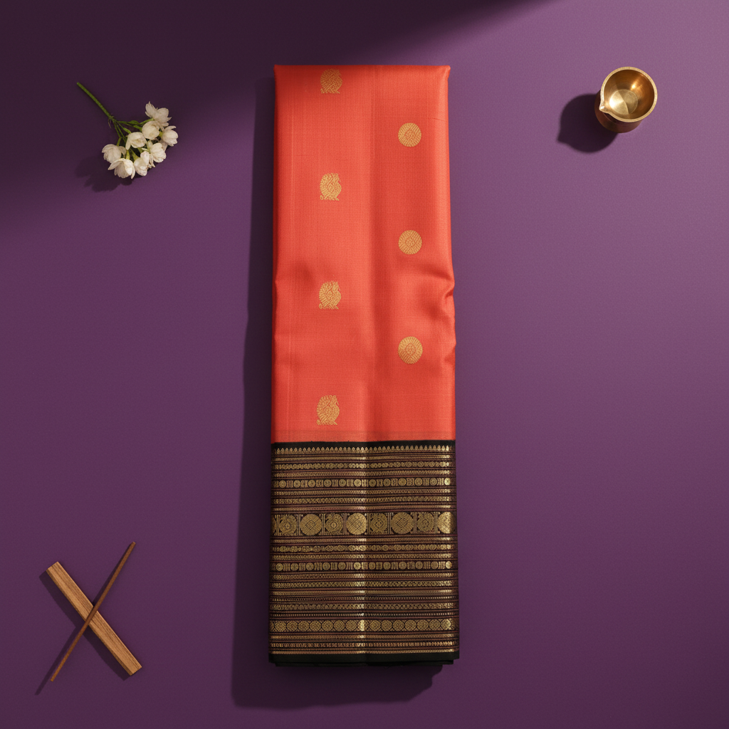 kuberan Coral Red Kanchipuram Silk Saree with Black Multi-Stripe Zari Border