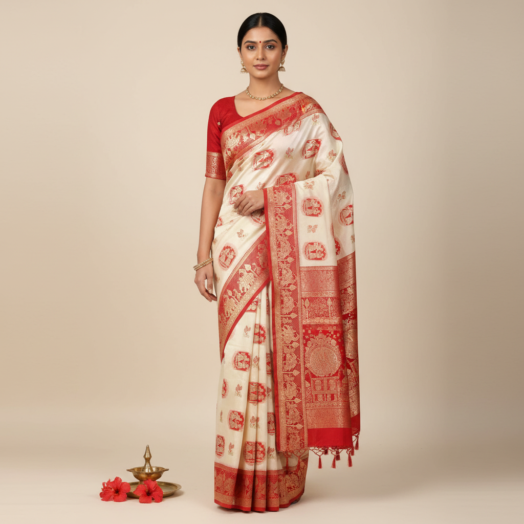 KUBERAN WHITE WITH RED SEMI TUSSAR SILK SAREE