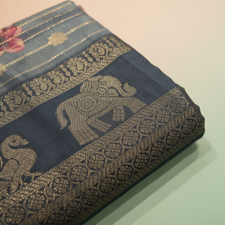 KUBERAN BLUE PRINTED COTTON SAREE