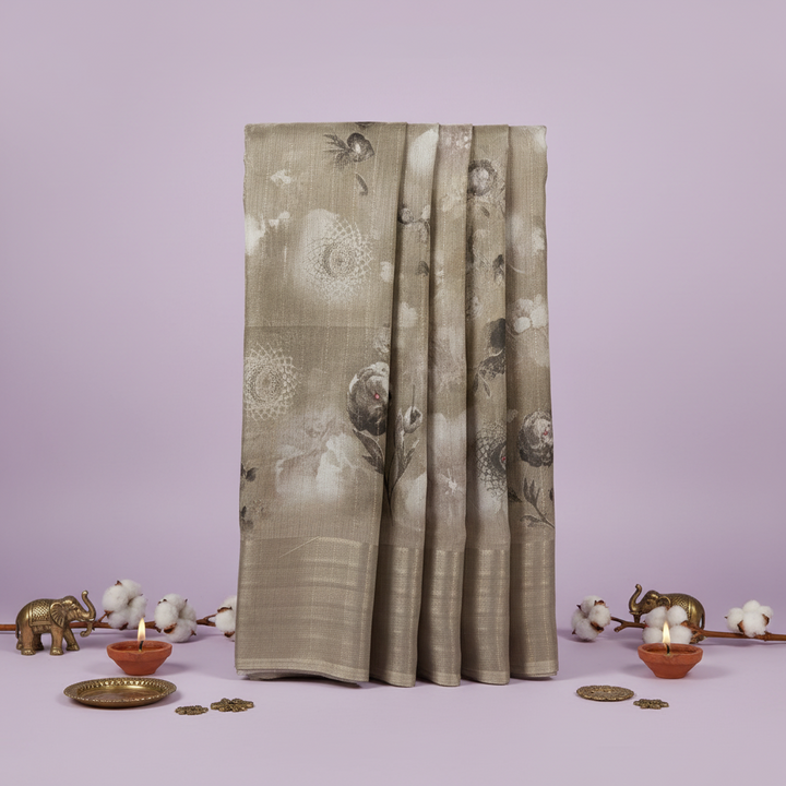KUBERAN BEIGE PRINTED COTTON SAREE