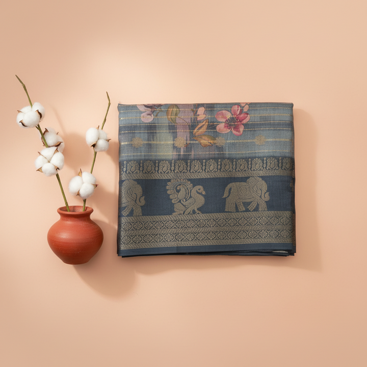 KUBERAN BLUE PRINTED COTTON SAREE