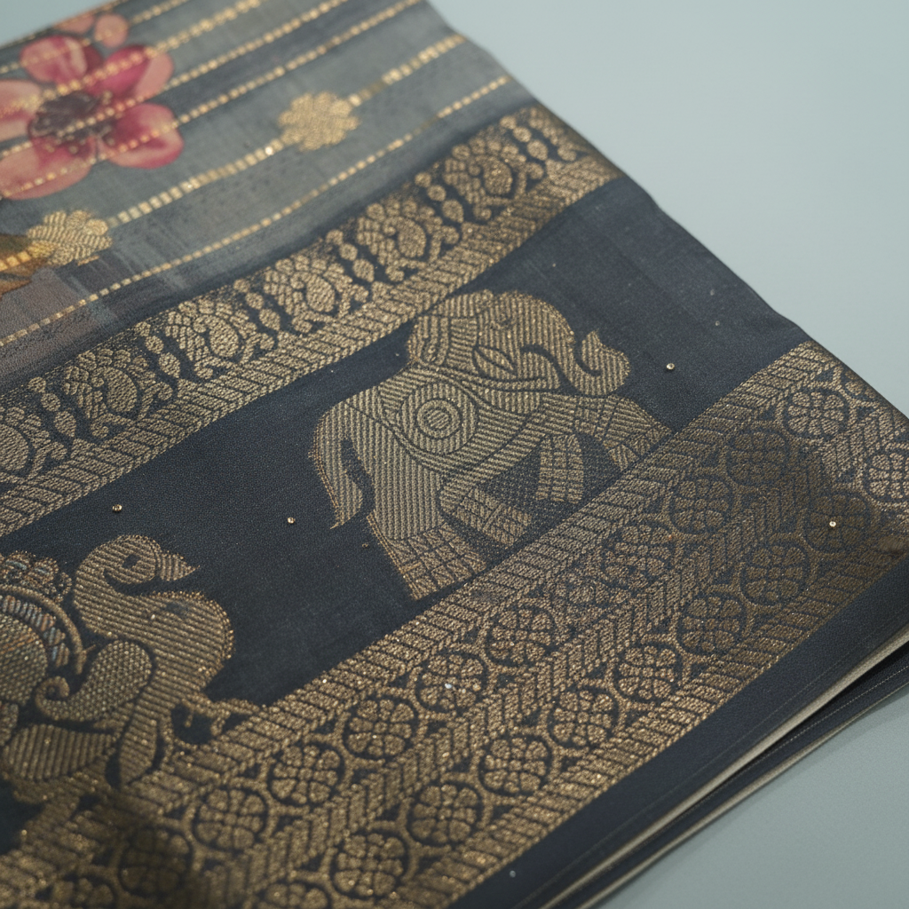 KUBERAN BLUE PRINTED COTTON SAREE