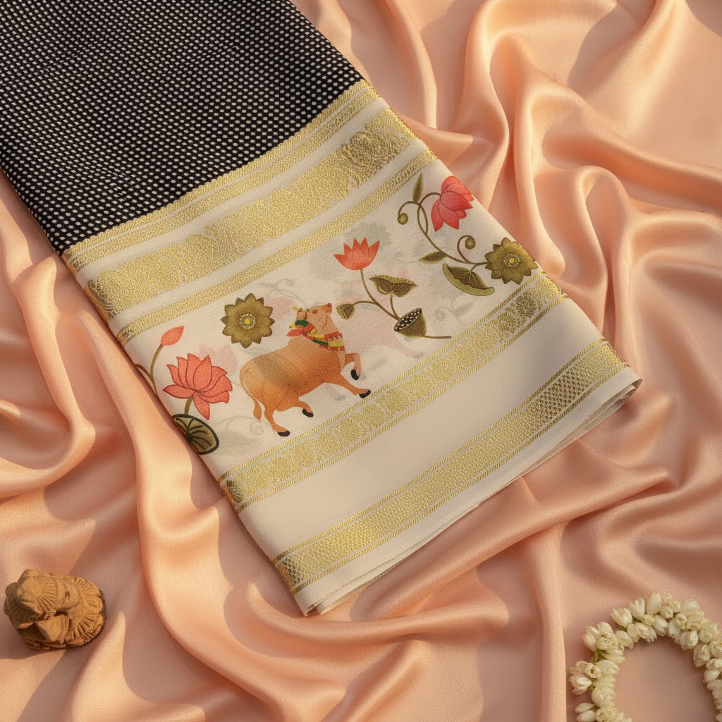 Black checks Mysore Silk Saree with pichwai  Border
