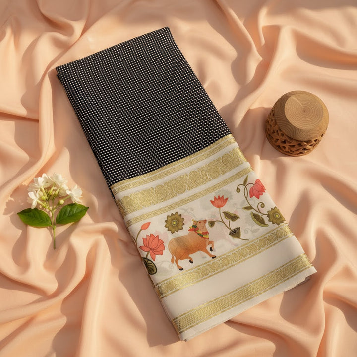 Black checks Mysore Silk Saree with pichwai  Border