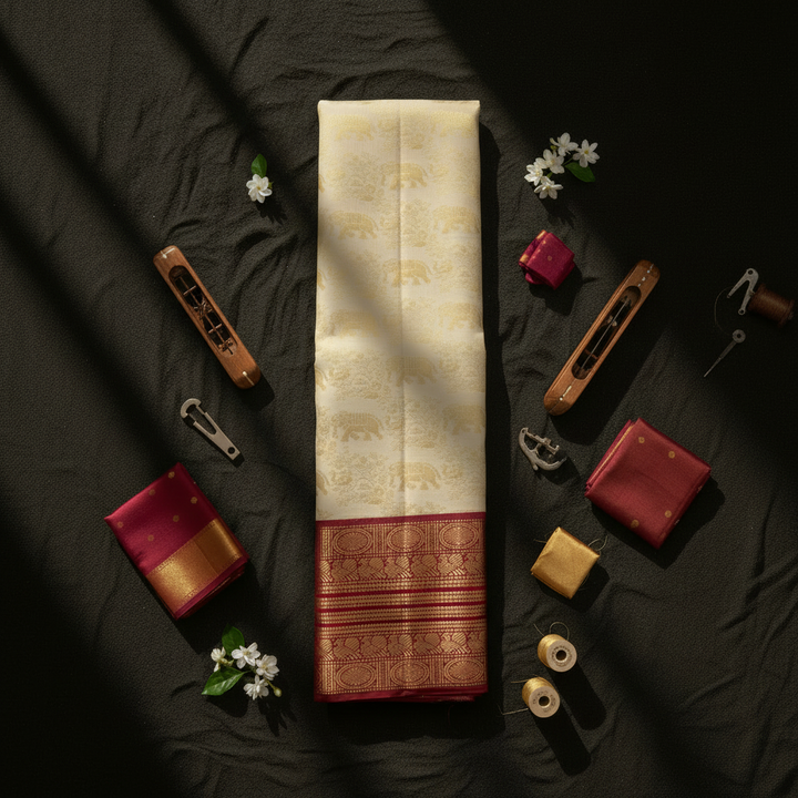 kuberan Kanchipuram Cream with Maroon Border