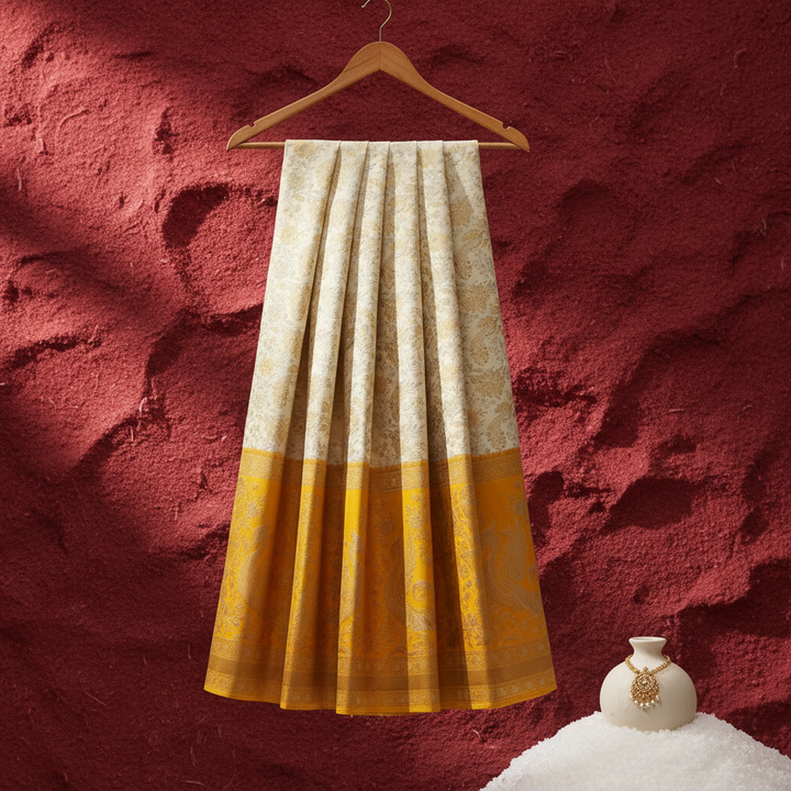 Kuberan Pure Silk Cream Pavada with Yellow Golden Border