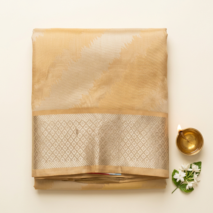 Kuberan Cream Gold Pure Silk Dhoti with Diamond Zari Border