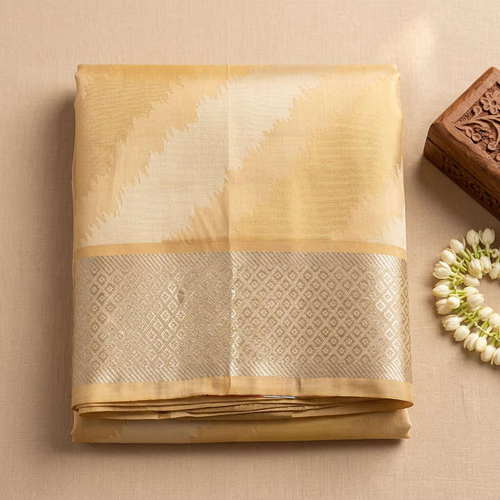 Kuberan Cream Gold Pure Silk Dhoti with Diamond Zari Border