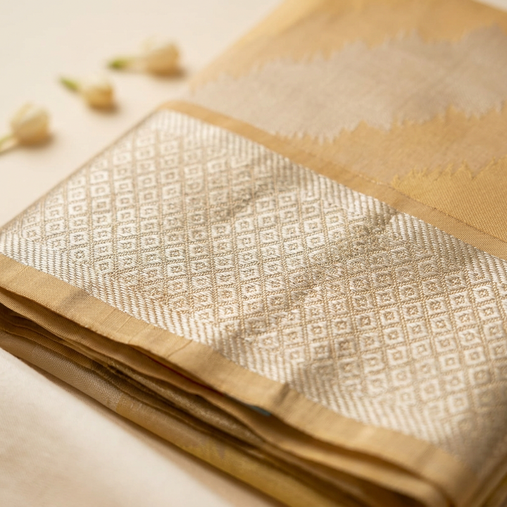 Kuberan Cream Gold Pure Silk Dhoti with Diamond Zari Border