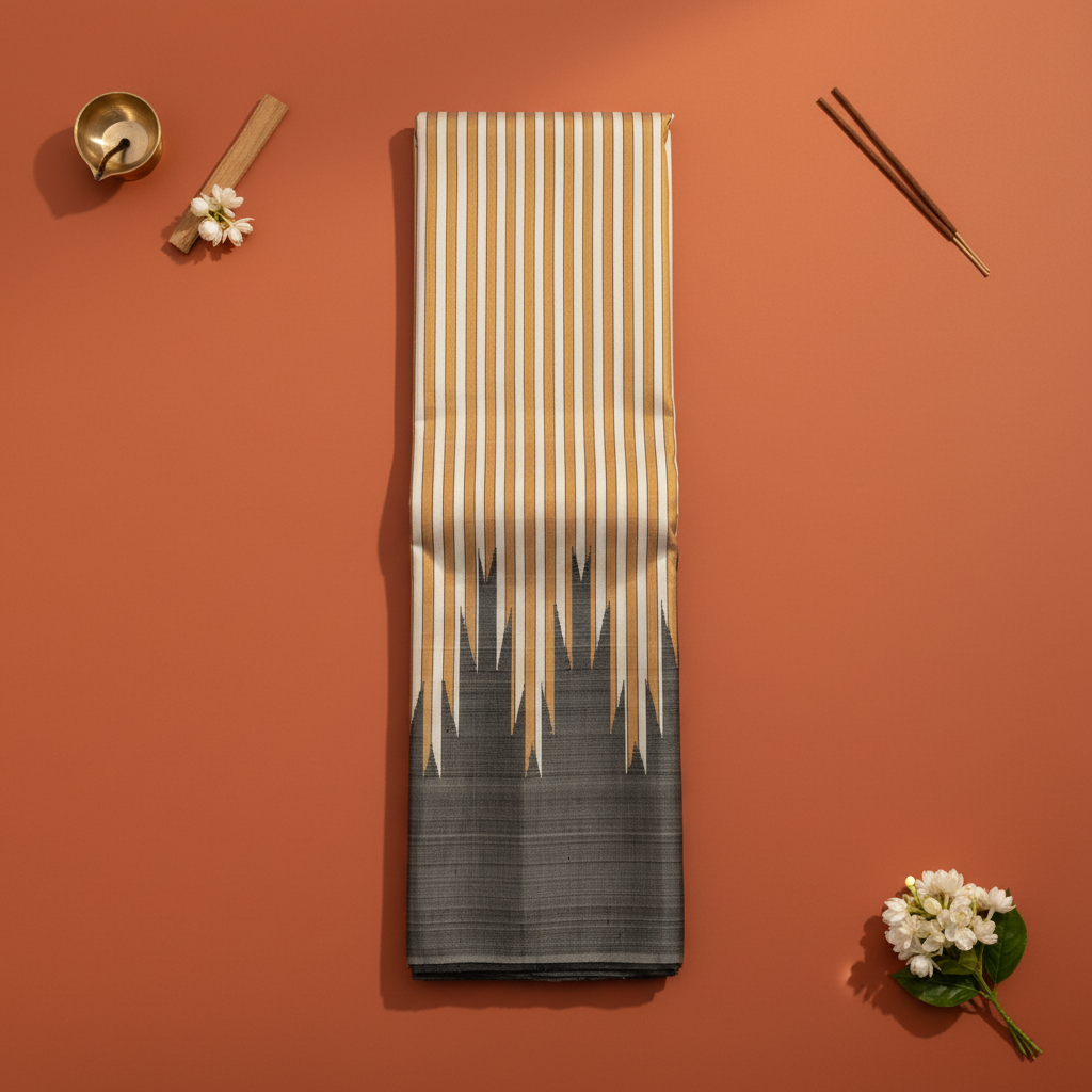 Kuberan Cream & Gold Stripe Kanchipuram Silk Saree with Dramatic Charcoal Spike Temple Border