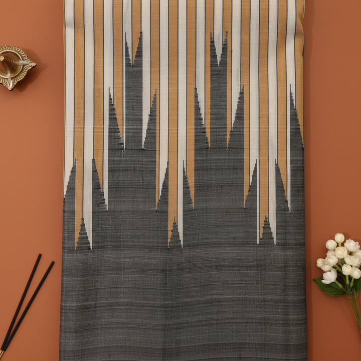 Kuberan Cream & Gold Stripe Kanchipuram Silk Saree with Dramatic Charcoal Spike Temple Border