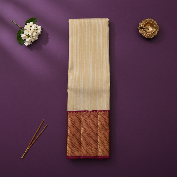Kuberan Cream Kanchipuram Silk Saree with pink Zari Border