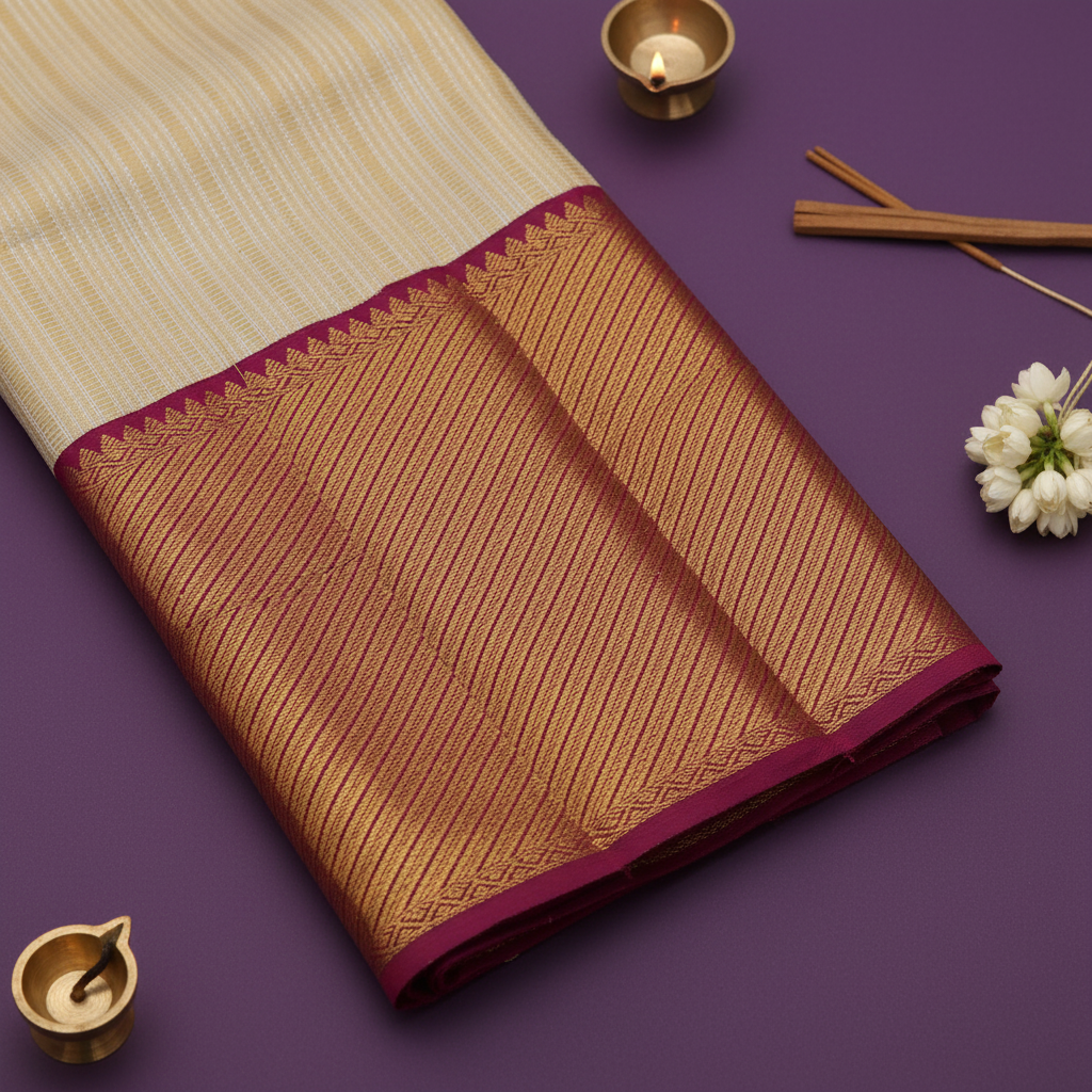 Kuberan Cream Kanchipuram Silk Saree with pink Zari Border